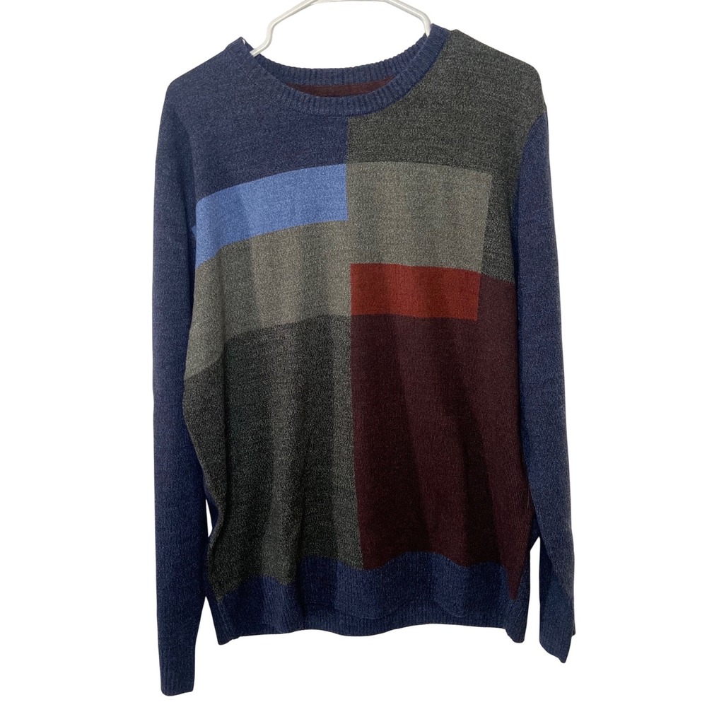 Haggar‎ Men's Large Modern Colorblock Knit Sweater Crewneck Blue Burgundy